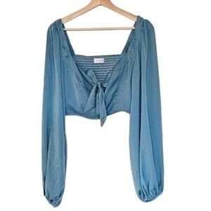 Rumor balloon sleeve Crop Top‎ Size Medium Satin Green Blue